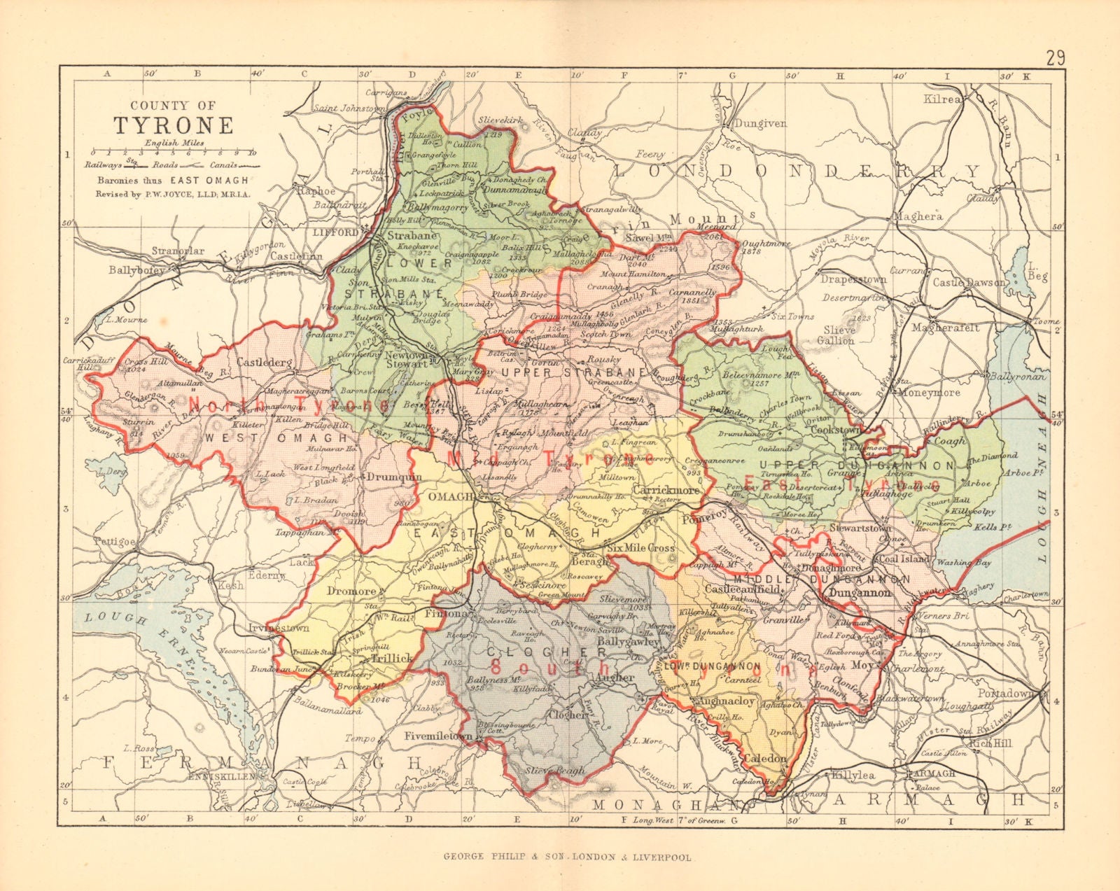 COUNTY TYRONE. Antique county map. Ulster. Northern Ireland. BARTHOLOMEW 1886